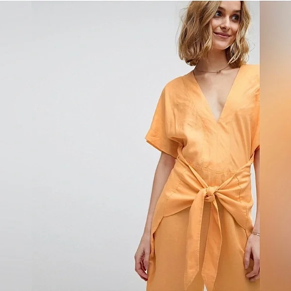 Free People Shining Sun Wrap Linen Jumpsuit Romper Playsuit Orange Cutout Sz L - Picture 4 of 12